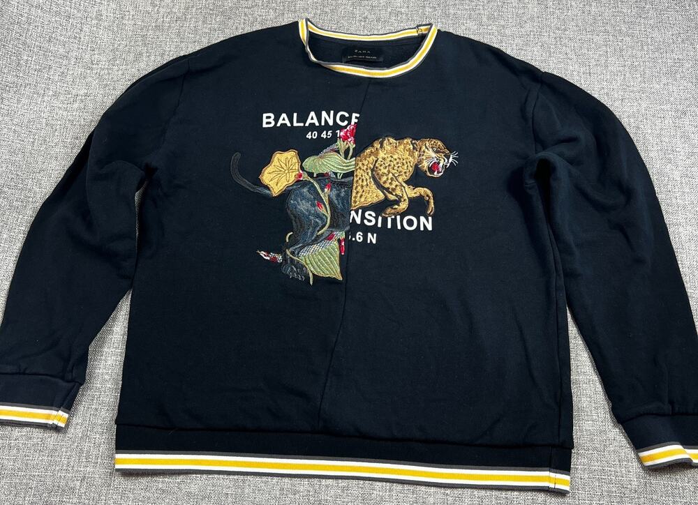 Zara Balance Tiger Elephant Embroidered Sweatshirt Womens L Black Rare